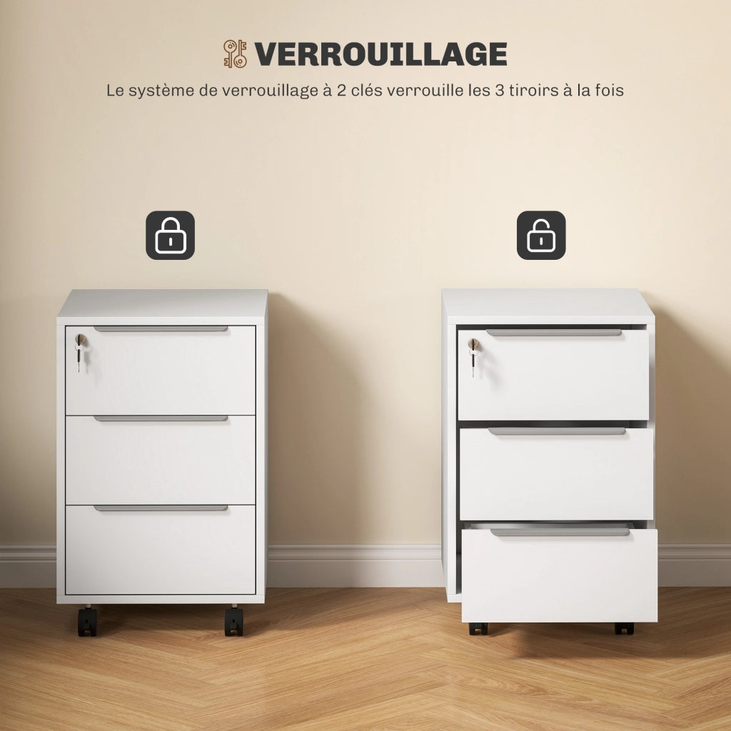 Scrivania a rotelle con 3 cassetti e serratura ¨C zephmum ¨C bianco 40x40x63.5 cm