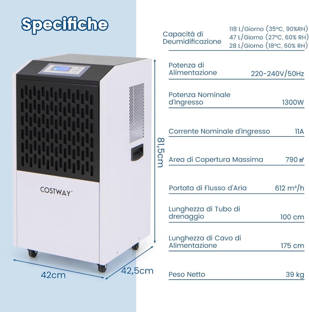118L Deumidificatore Commerciale con Tubo di Scarico, Deumidificatore Industriale con Timer 24H e 4 Ruote, per Scantinati Magazzini e Grandi Spazi Fino a 790㎡ (Bianco)