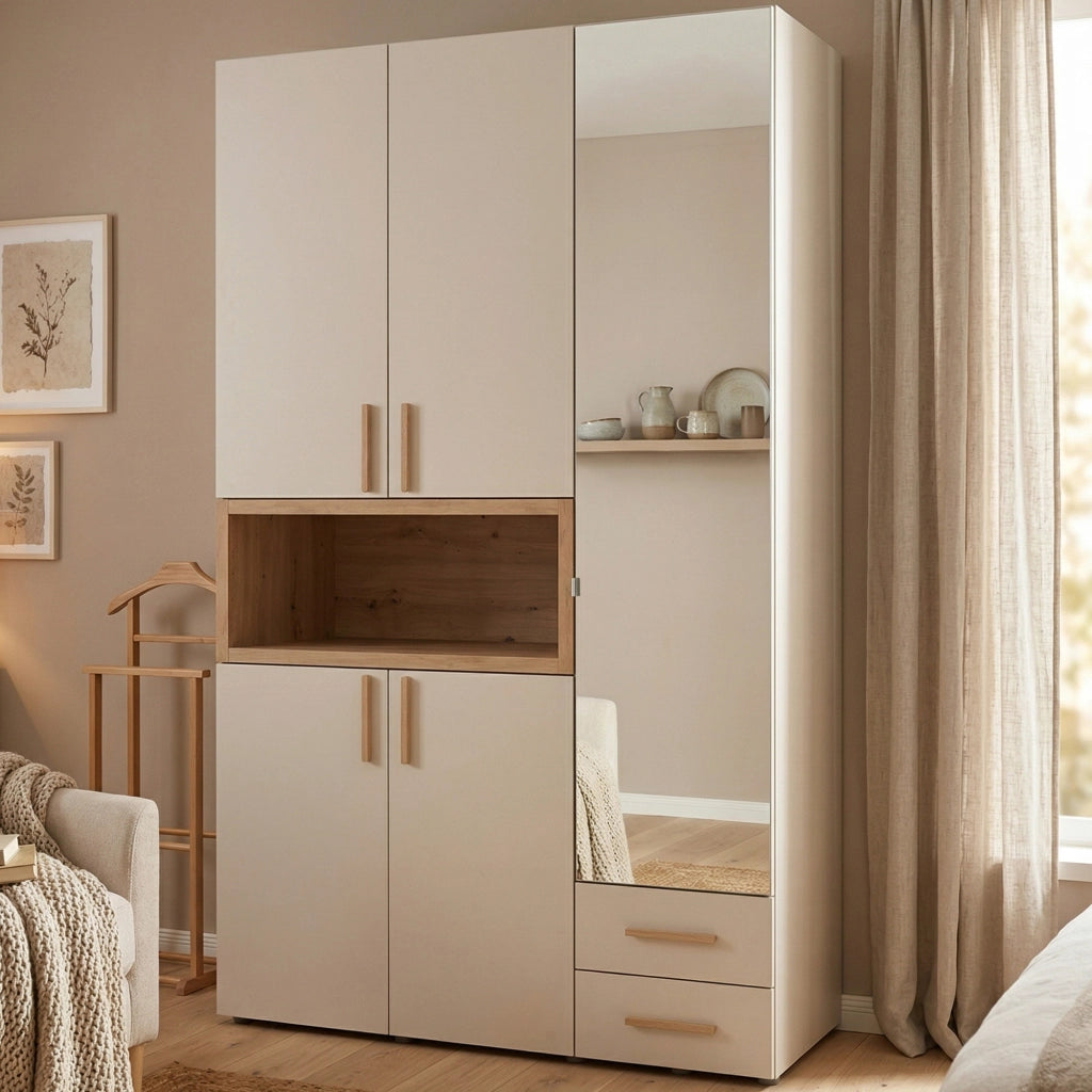 Armadio Camera da Letto Pianezze, Guardaroba 3 Ante Appendiabiti, 134.5x56 cm Beige