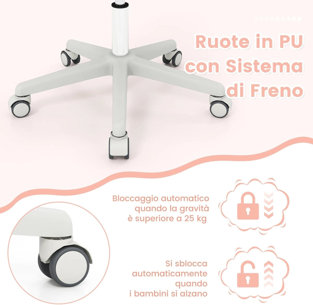 Sedia da Scrivania Girevole per Bambini (Rosa, Rullo di Pressione) | con Altezza Regolabile, 5 Ruote, Braccioli Morbidi, Mobile Ergonomica per Bambini 6-15 Anni