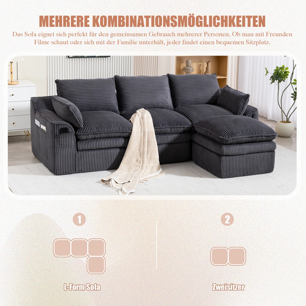 DIVANO MODULARE 263x167x85 cm Velluto a coste Grigio scuro con pouf