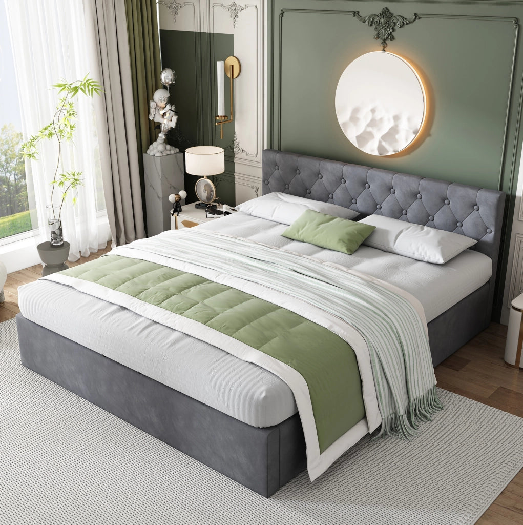 Letto imbottito in velluto grigio 140x200 cm con testiera capitonn茅 e contenitore idraulico