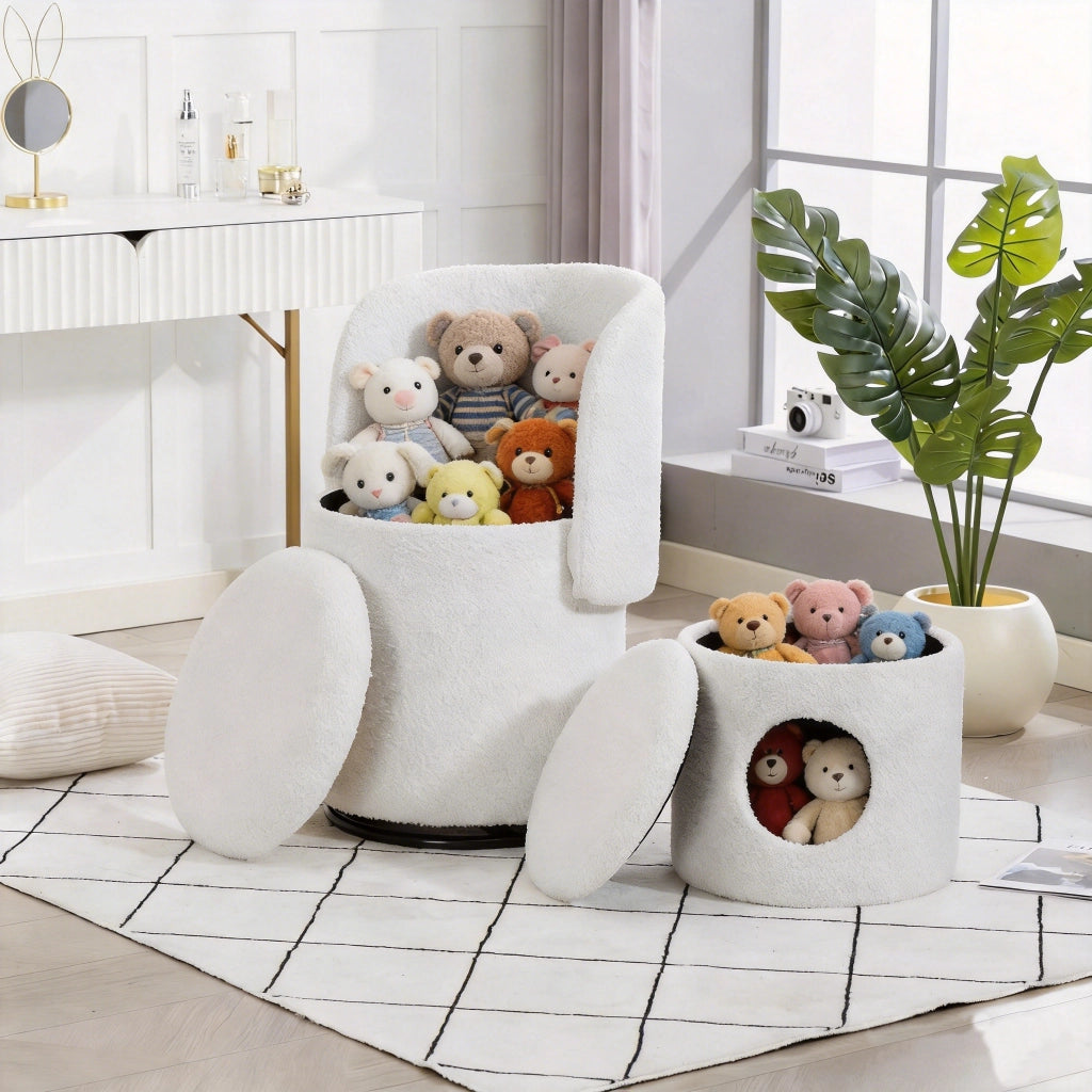 Fauteuil girevole con spazio contenitore e seduta imbottita in teddy per camera da letto e sala da pranzo bianco