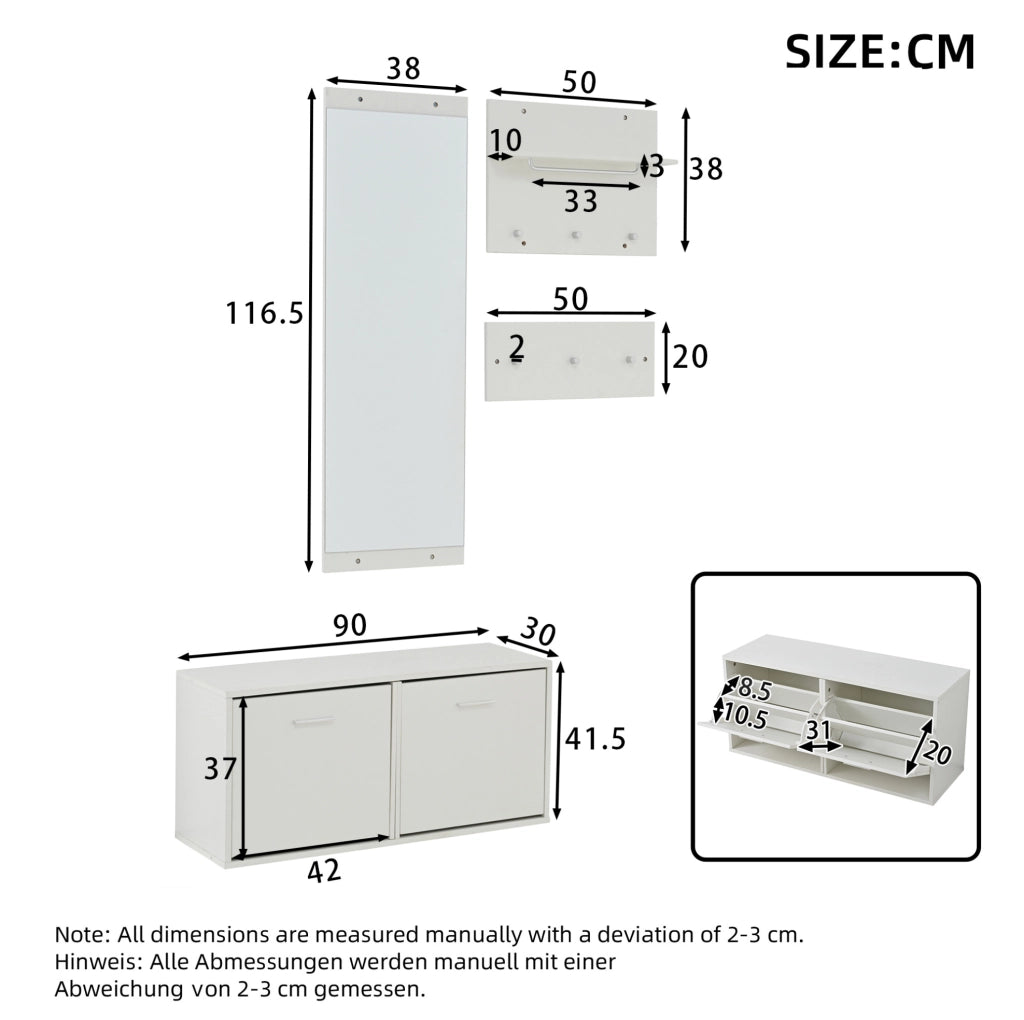 Set ingresso 4 pezzi con specchio; scarpiera a doppio livello 90x30x41;5 cm; bianco