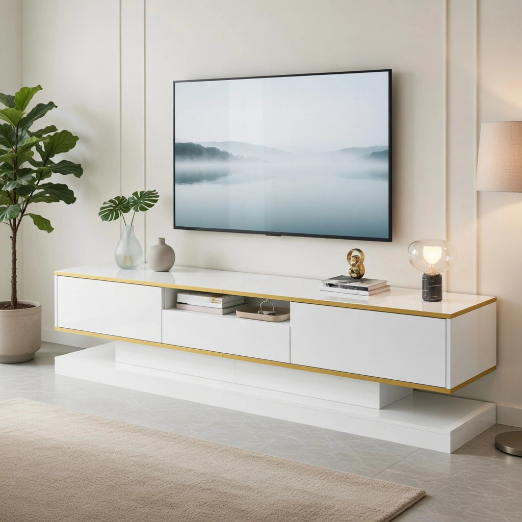 Cassettiera per TV bianca e oro in truciolare lucido lunghezza 180 cm
