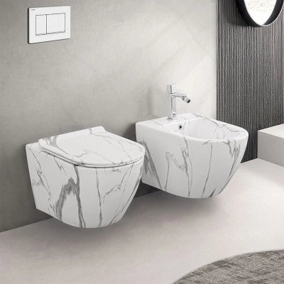WC sospeso Rimless in ceramica marmorizzata bianca con sedile Tokyo