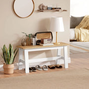 Panca da pranzo per 2 persone in legno di gomma, finitura effetto rovere, bianco, 95 x 30 x 45 cm