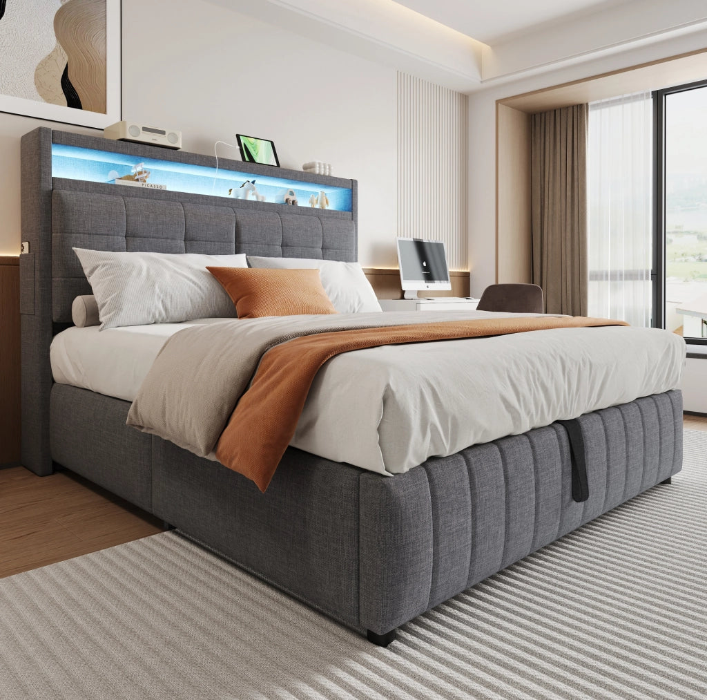 Letto imbottito 160x200 cm con LED; USB e contenitore in tessuto di lino grigio