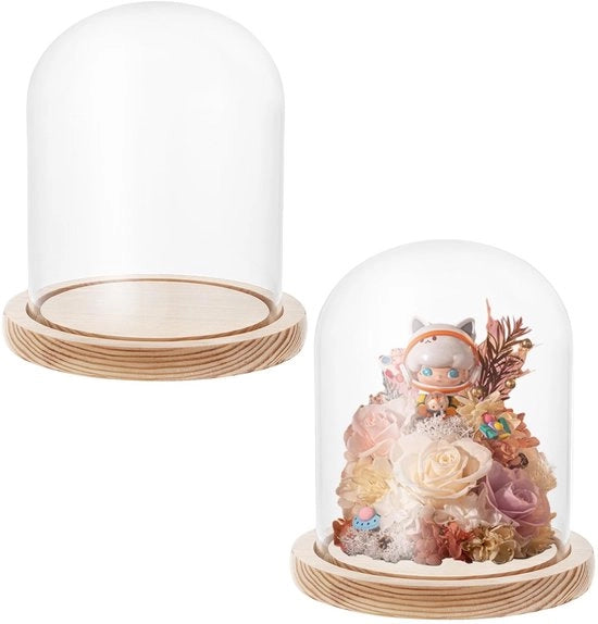 Decorazione per bambole/scarabei con base in legno e copertura in vetro borosilicato - 16 cm di altezza - copertura trasparente - decorazione a cupola di vetro - diametro 16 cm - altezza 16 cm