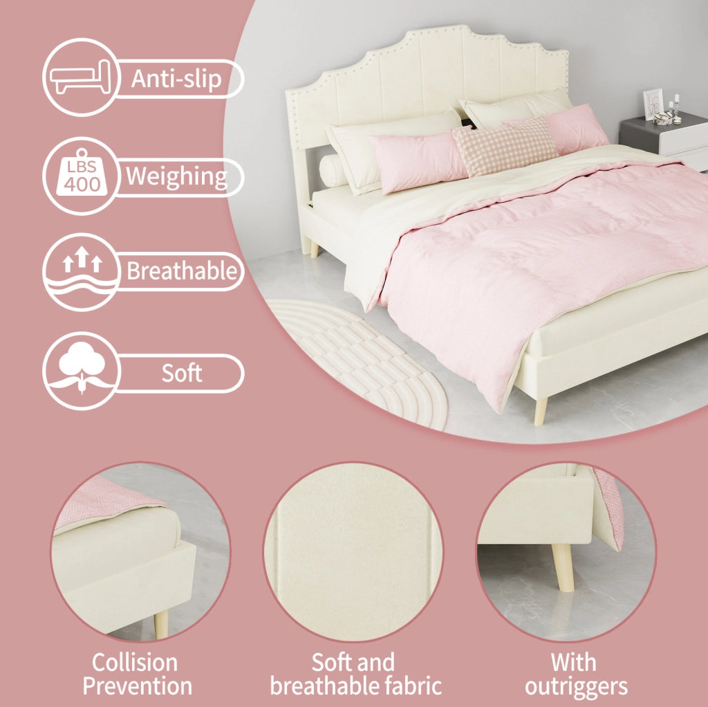 Letto matrimoniale 160x200 cm in tessuto e metallo beige