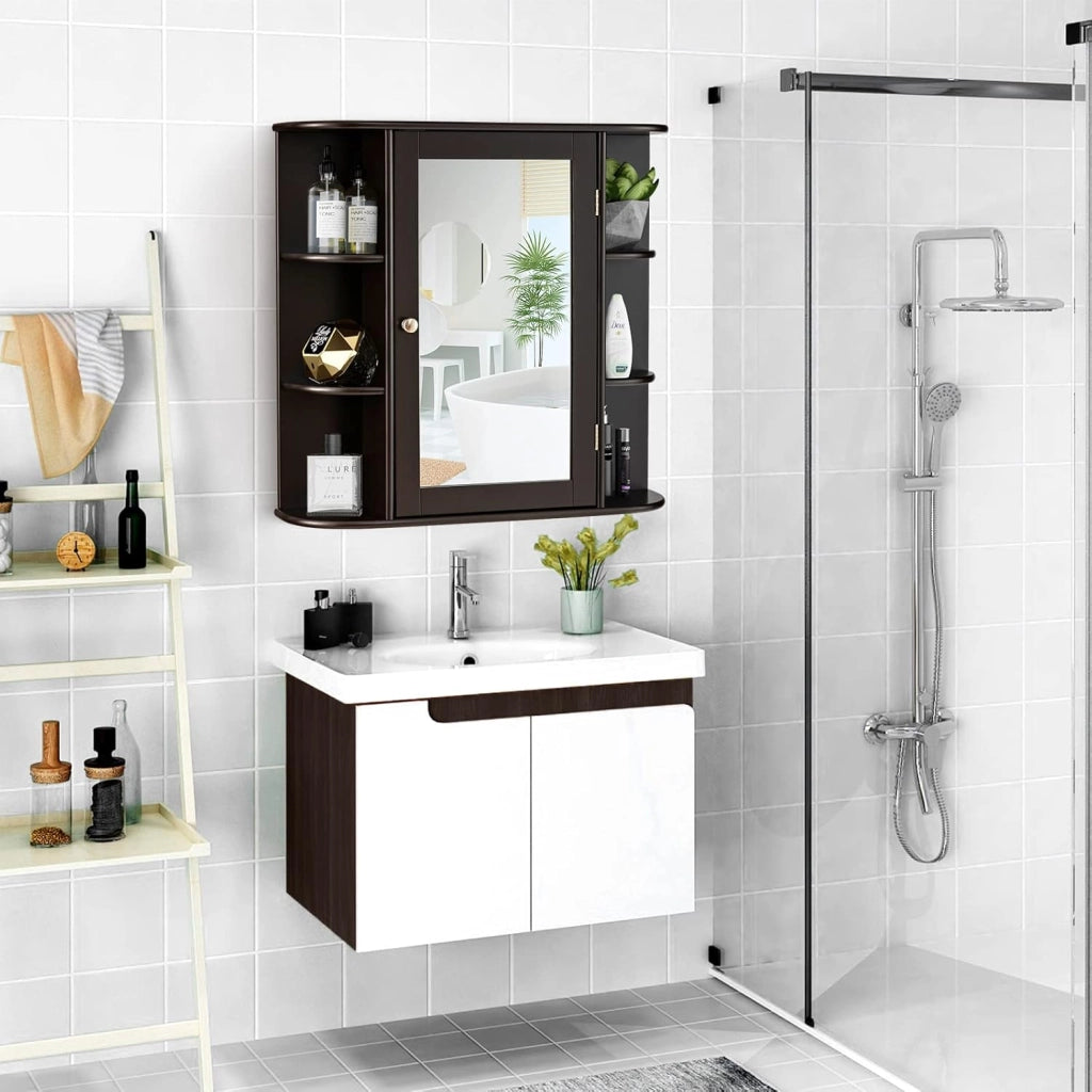 Armadietto Bagno a Parete, Mobiletto Pensile con Ante di Specchio, 6 Scomparti Laterali e 4 Ripiani di Stoccaggio, 3 Colori Disponibili, 65x17x64cm (Marrone)