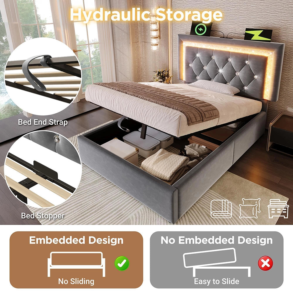 Letto imbottito-Xylo-90x200cm LED diamante USB-C idraulico velluto grigio con materasso