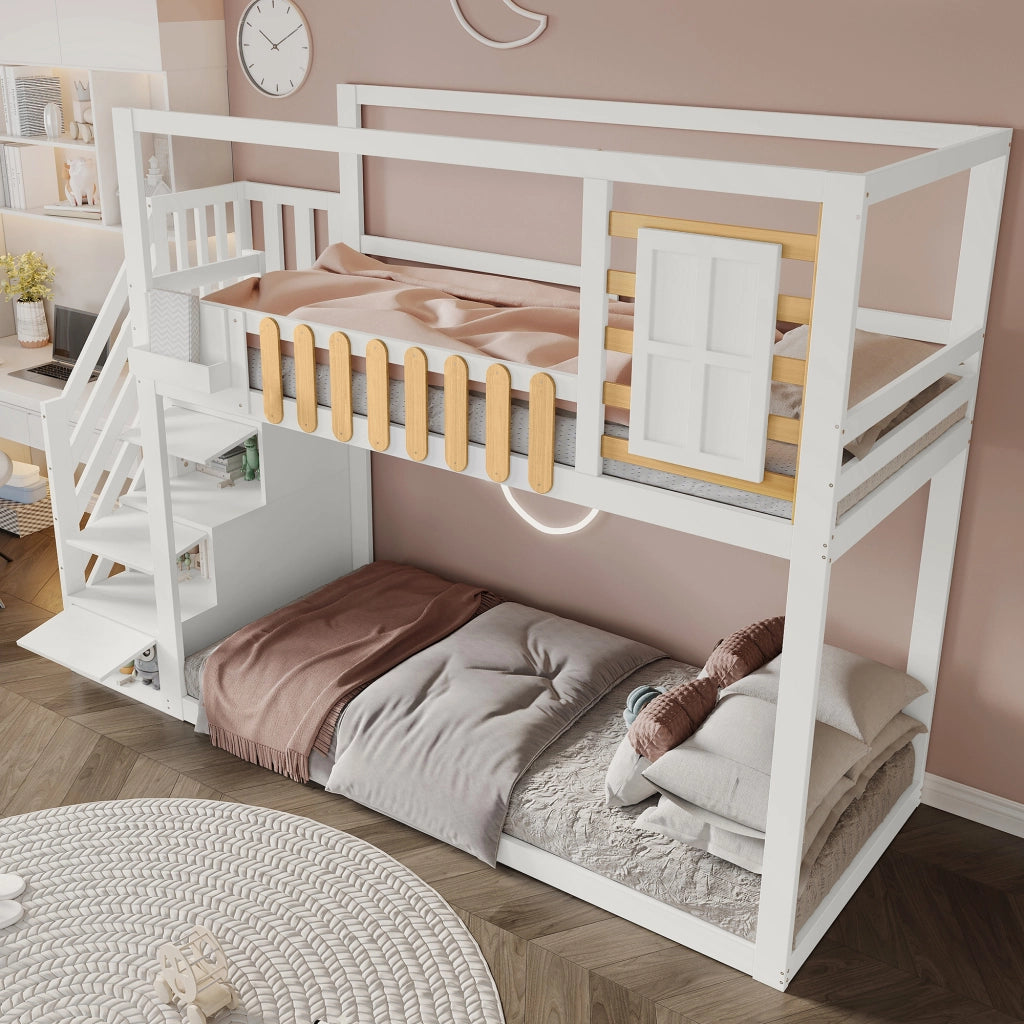 OKWISH Letto a Castello 90×200 cm, Letto Singolo con Scala, 3 Scomparti e Finestra, senza Materasso, in Legno, Bianco e Naturale