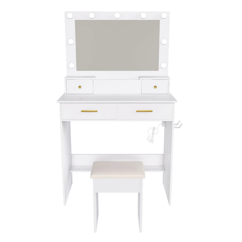 Tavolo da toeletta con illuminazione LED 3 livelli; presa elettrica; porta asciugacapelli; 4 cassetti; cestino; sgabello; Bianco; B80×H137×P40cm