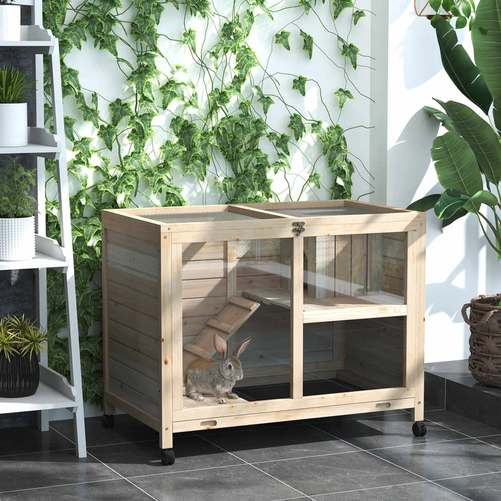 Gabbia per conigli in legno massello 2 piani con ruote ¨C Zephmum ¨C 91.5x53.3x73 cm