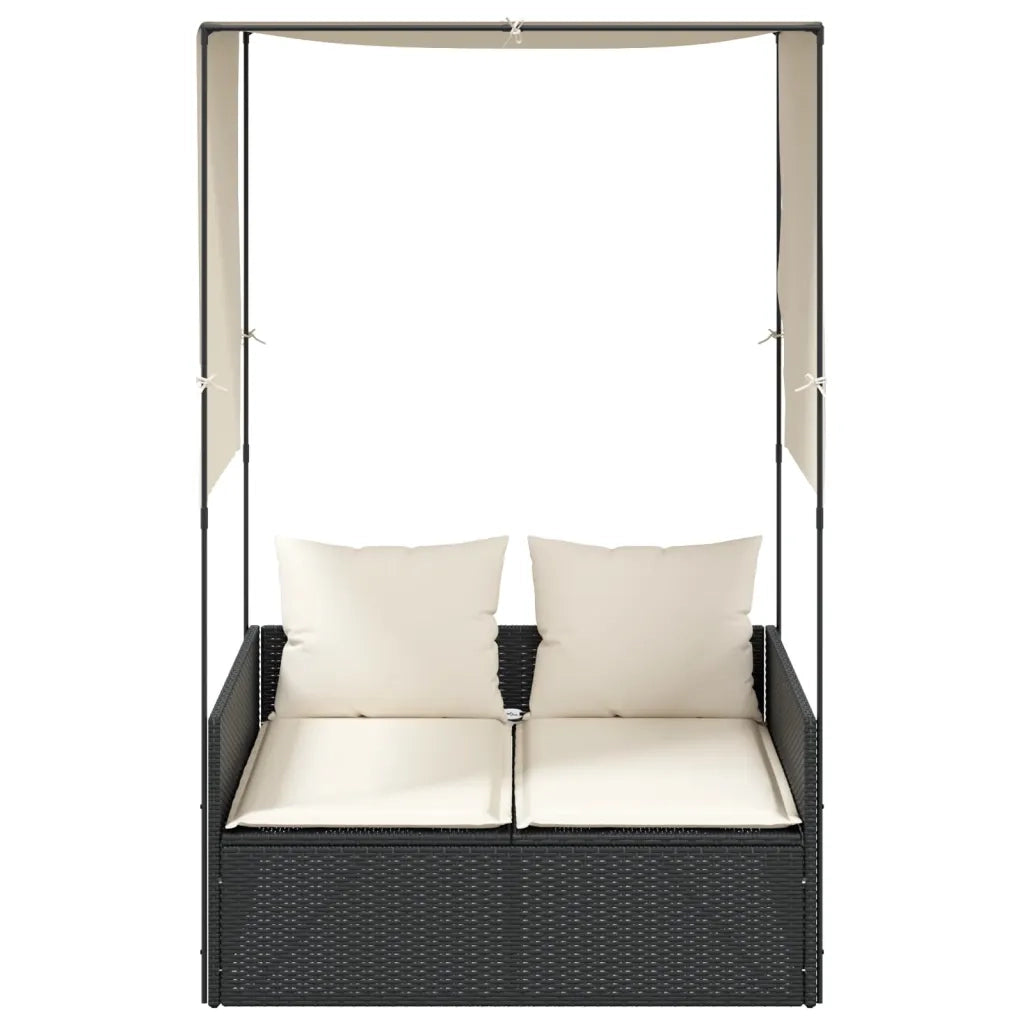 Lettino Prendisole | Sdraio da giardino | Lettino da sole con Tetto e Tende Nero in Polyrattan