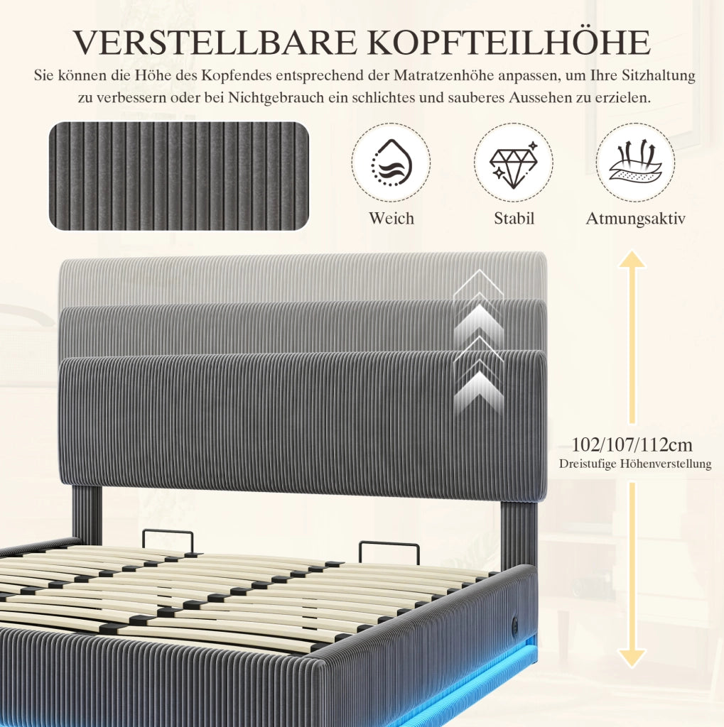 Letto imbottito 180x200 cm in velluto a coste grigio scuro con LED; USB-C e testiera regolabile