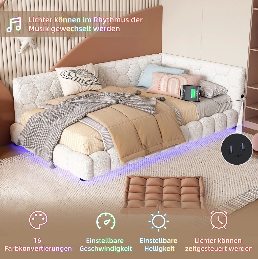 LETTO DAYBED 90x200 cm Bianco in Vliesimitat e MDF con LED, USB e Tipo-C