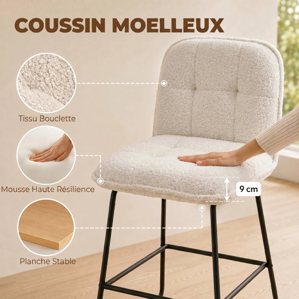 Sgabelli da Bar Set 2 Pezzi ¨C Xylo ¨C Tessuto Bouclette Crema Seduta Extra-Large 66H cm