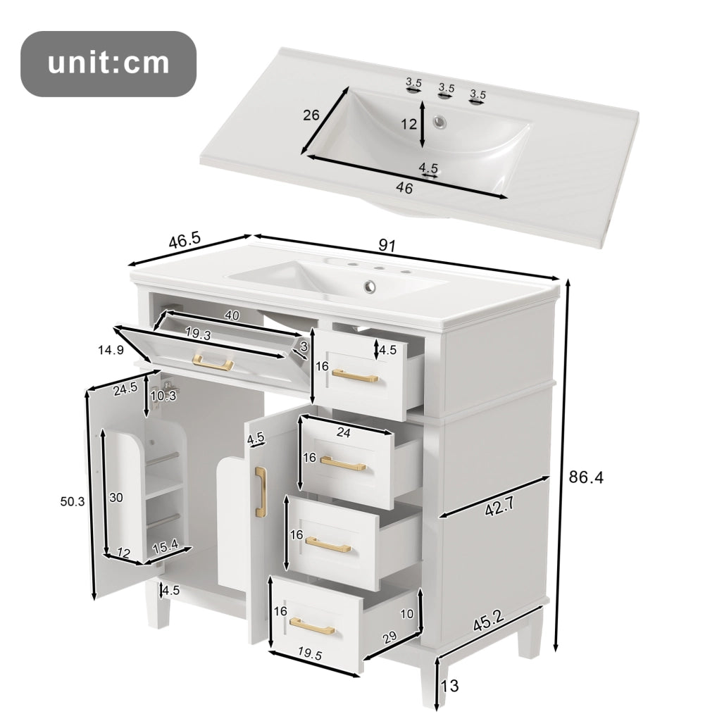 Mobile bagno a pavimento bianco con lavabo in ceramica 90 cm
