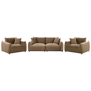 Set divano moderno a 5 posti in velluto con cuscini decorativi e poltrone con gambe in legno marrone stile moderno