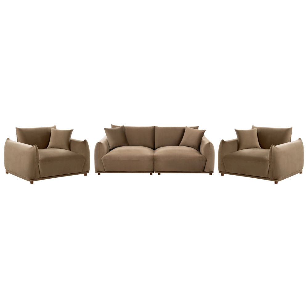 Set divano moderno a 5 posti in velluto con cuscini decorativi e poltrone con gambe in legno marrone stile moderno