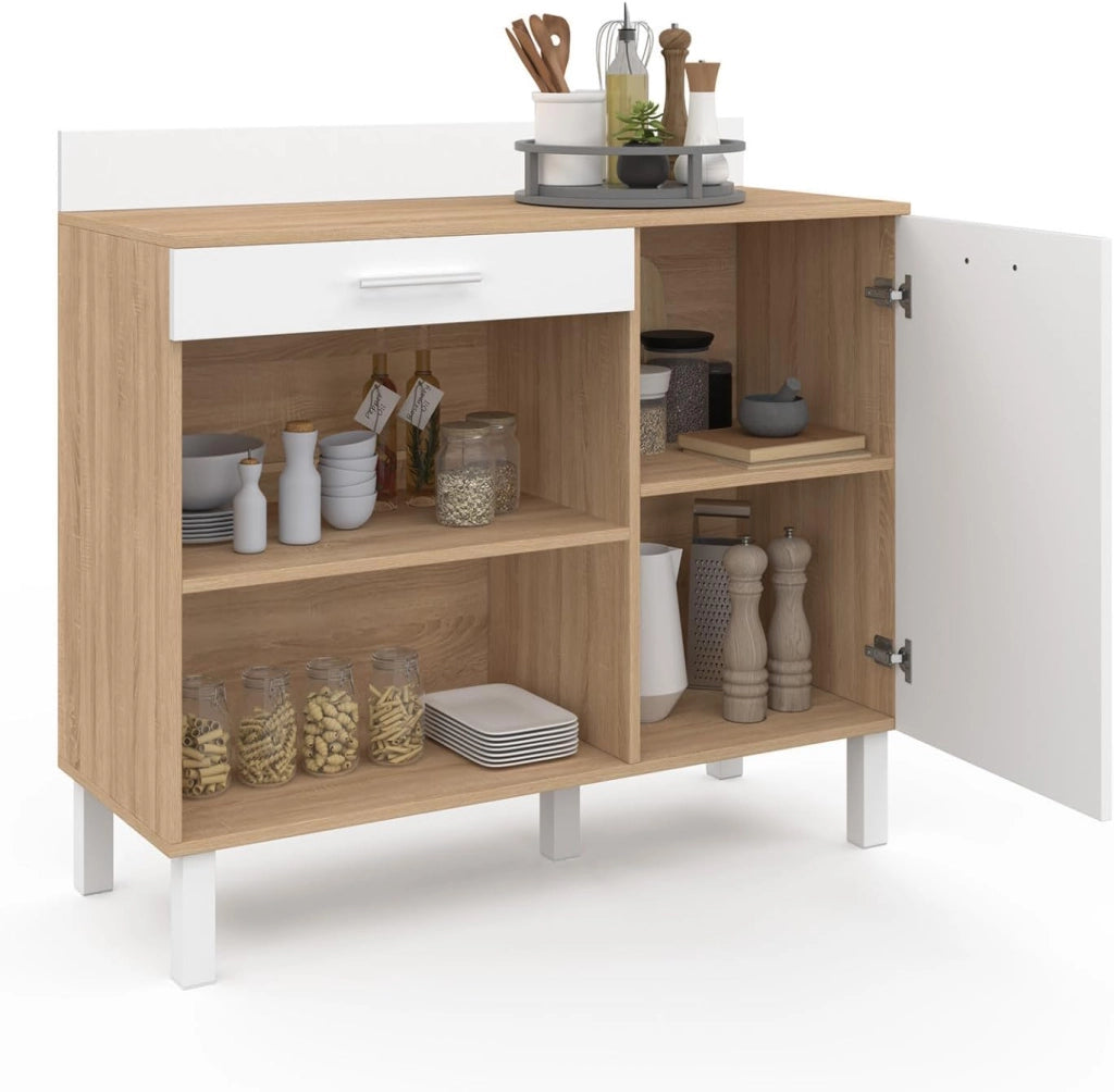 Credenza bassa 100 cm Piano di lavoro CINA H.83 cm 1 anta + 1 cassetto finitura faggio e bianco