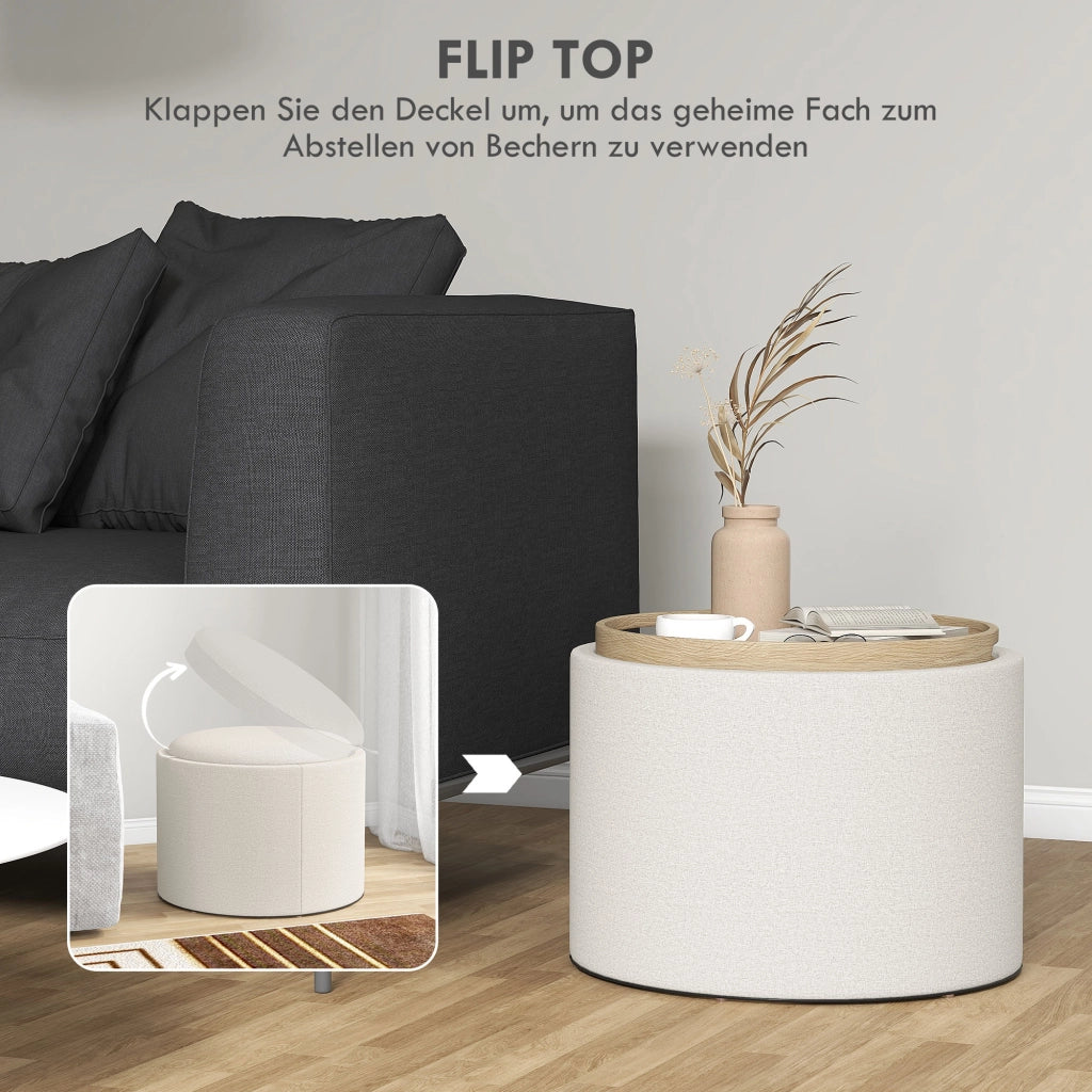 Pouf rotondo con contenitore e coperchio ribaltabile in MDF bianco crema