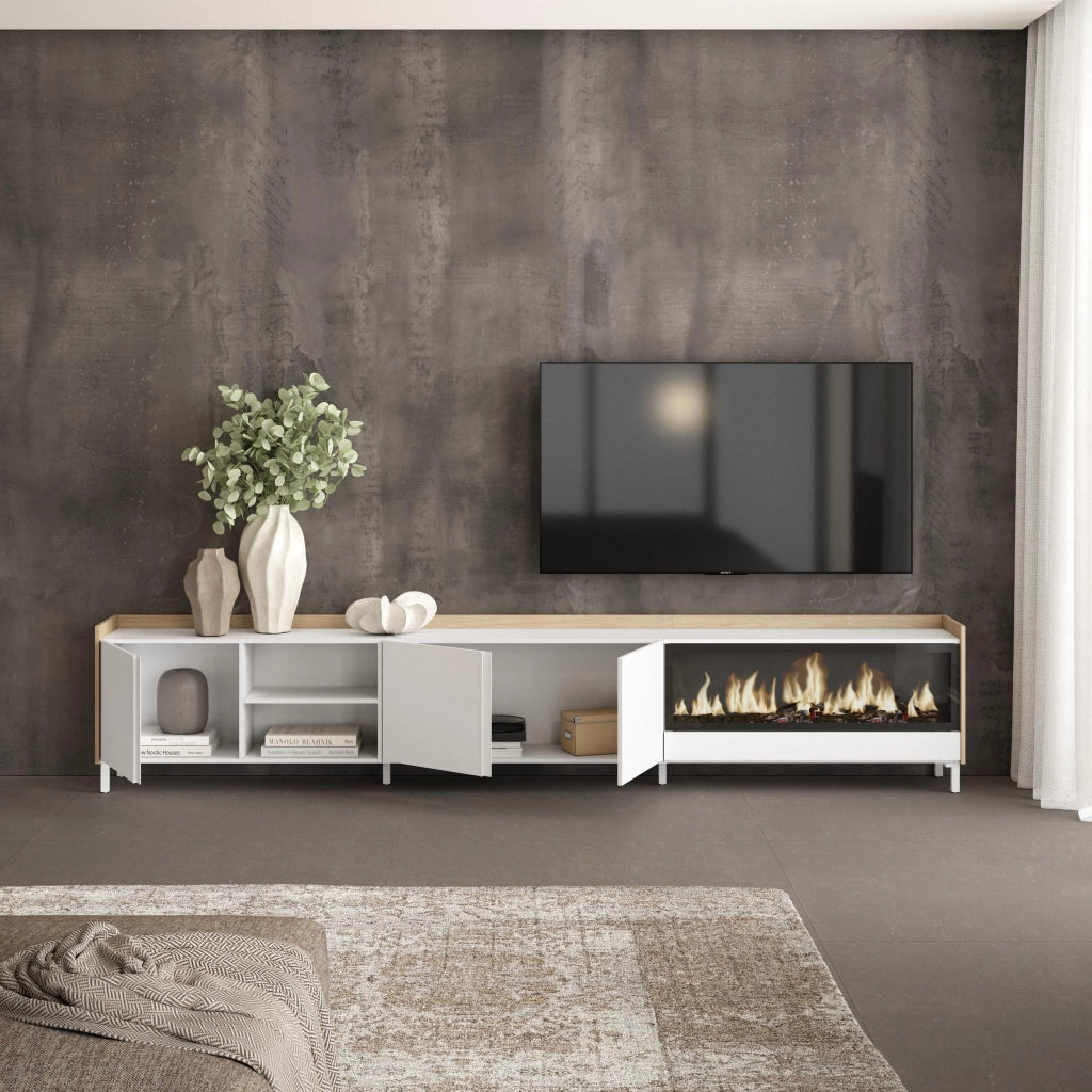 Mobile TV Soggiorno, 315x61x35 cm, Per TV fino a 80", Camino elettrico XXL, Design industriale, Bianco e Rovere soft