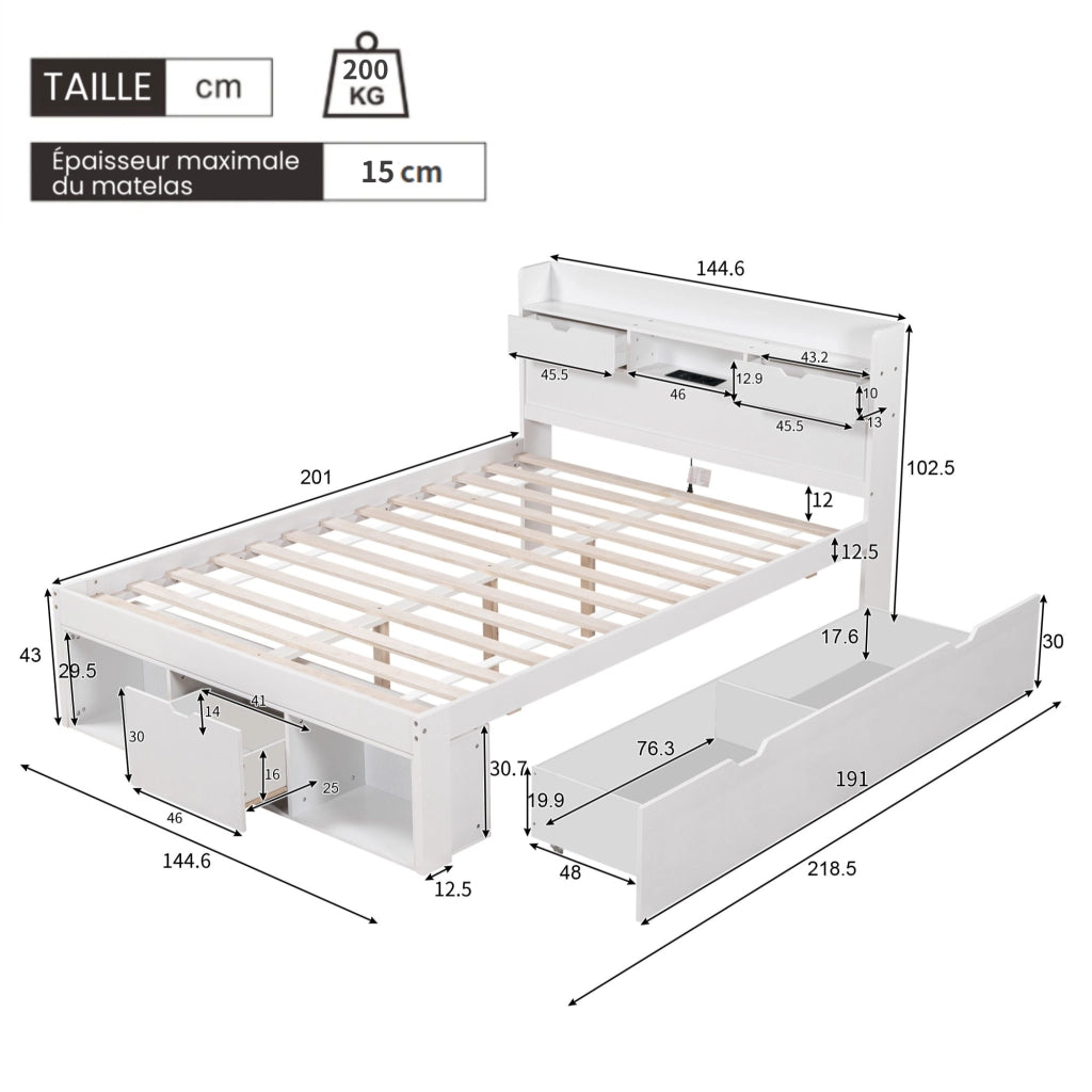 Letto Contenitore 140x200 cm; USB; Type-C e Scomparti in Legno e MDF Bianco