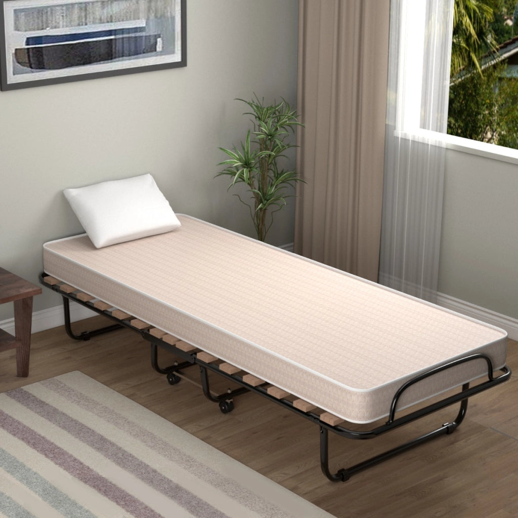 Letto pieghevole con materasso in memory foam spesso, Letto portatile con 4 ruote girevoli 190x80x33cm Beige-Letti e strutture