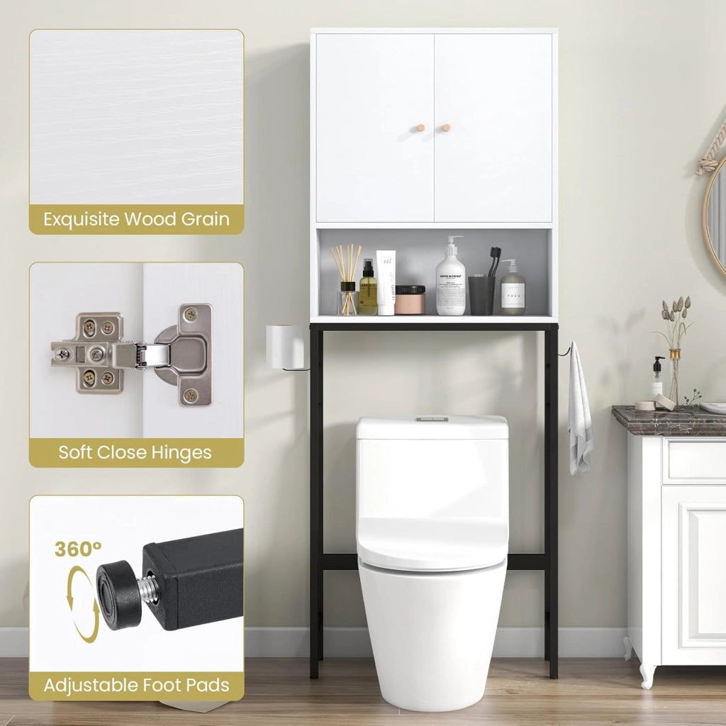 Armadio per Stoccaggio Sopra il WC, Organizzatore da Bagno con Armadietto a Doppia Porta, Scomparto Aperto, Mensola Regolabile a 5 Livelli e Barra Inferiore Regolabile (Bianco)