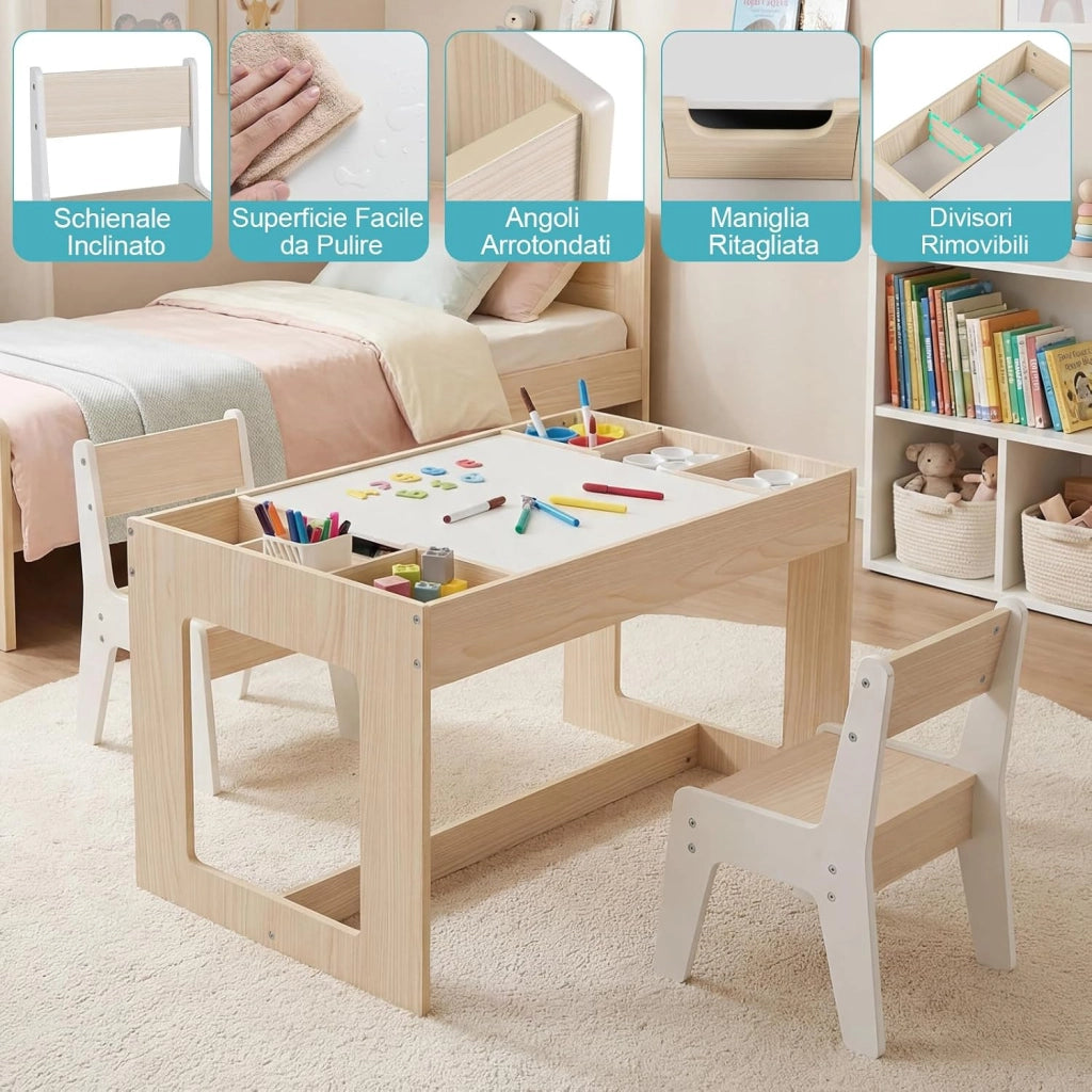 Set Tavolo Multifunzionale per Bambini e 2 Sedie, Tavolo e Sedie in Legno con Piano Doppio Rimovibile, Lavagna Nera & Lavagna Bianca, Compartimenti Laterali con Divisori Staccabili (Naturale)