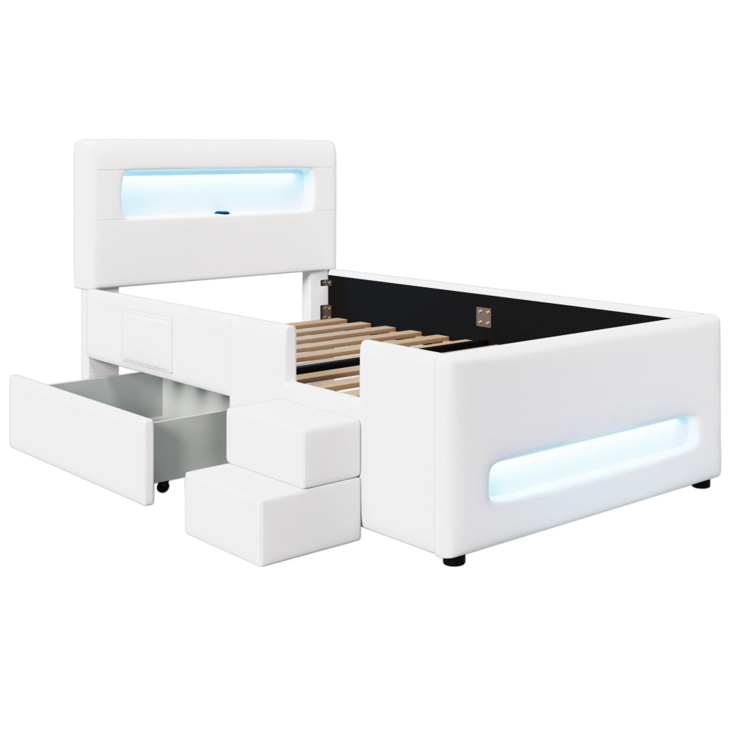 LETTO con cassetto 90x200 cm in PU bianco con LED