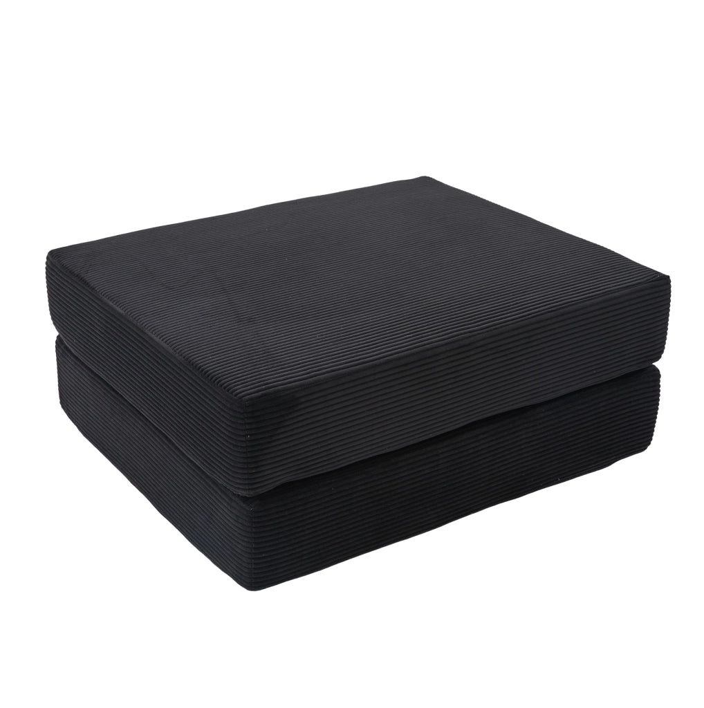 Pouf poggiapiedi in velluto a coste nero; convertibile in letto singolo; 109 x 95 x 43 cm