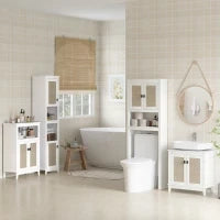 Mobile sopra Inodoro con 2 Porte con Frontale di Rattan Vano e Ripiano Regolabile 60x19,5x160 cm Bianco