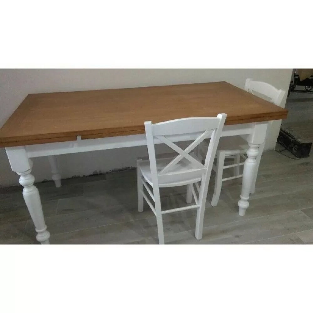 Tavolo da pranzo legno allungabile country chic piano rovere e bianco 160x85 h.80 (715) - Mobili 2G