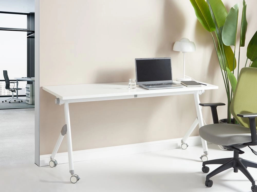 Scrivania rettangolare pieghevole con rotelle portatile con struttura in metallo bianco 120 x 60 stile moderno