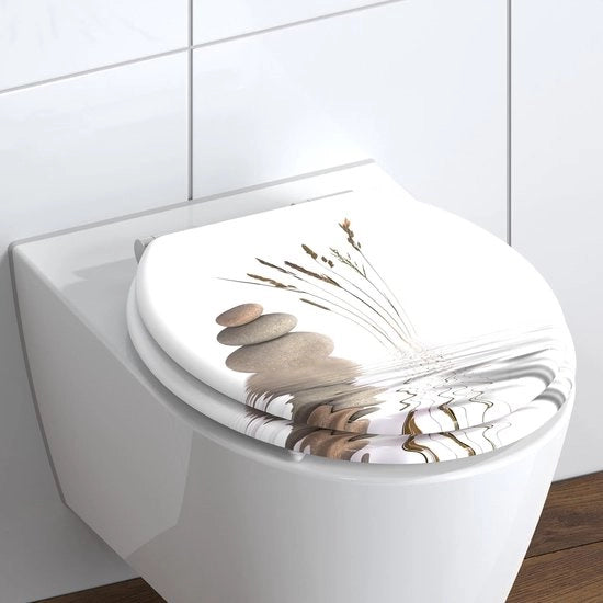 Braccio di toilette in legno con meccanismo softclose, copertura di toilette in legno con coperchio, coperchio di toilette con motivo (carico massimo del braccio di toilette 150 kg), bianco