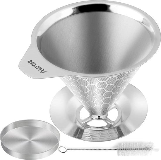 Filtro per caffè in acciaio inossidabile riciclabile - Filtro per caffè permanente a cono metallico con setole.