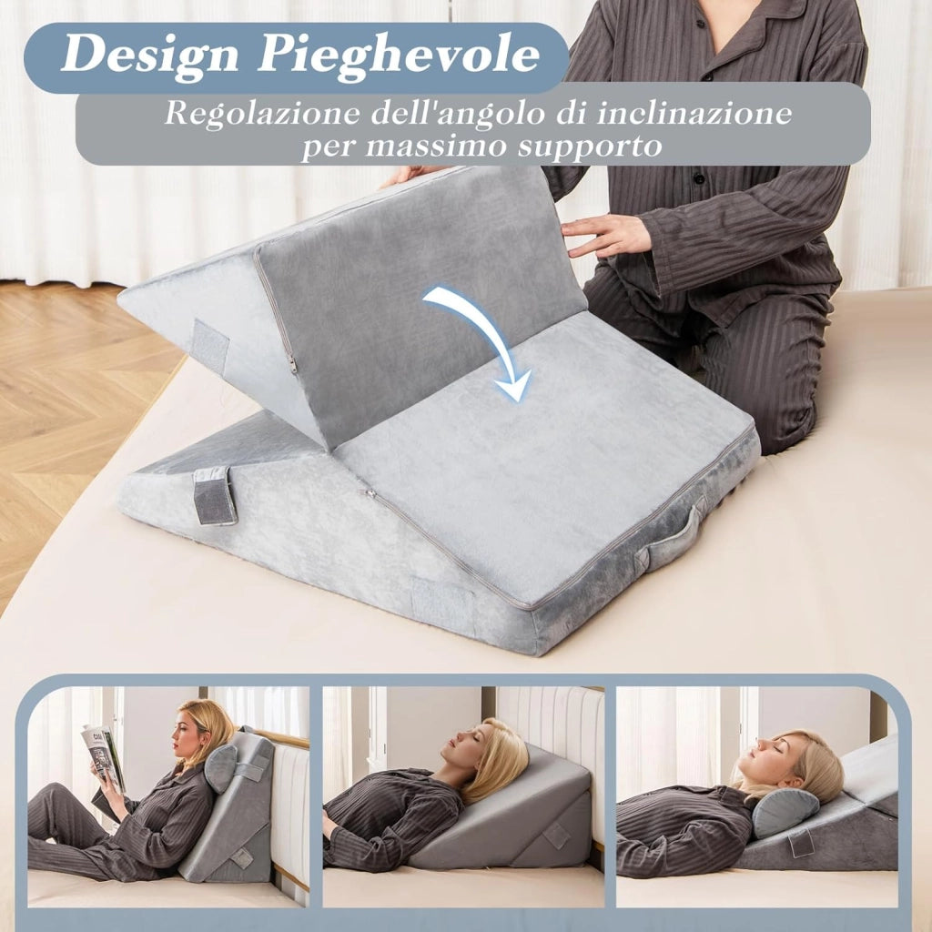 Set di 3 Cuscini a Cuneo per Letto, Cuscino Inclinabile Regolabile con Schiuma Memory Air, Set di Cuscini Alleviare il Dolore alla Schiena (Grigio)