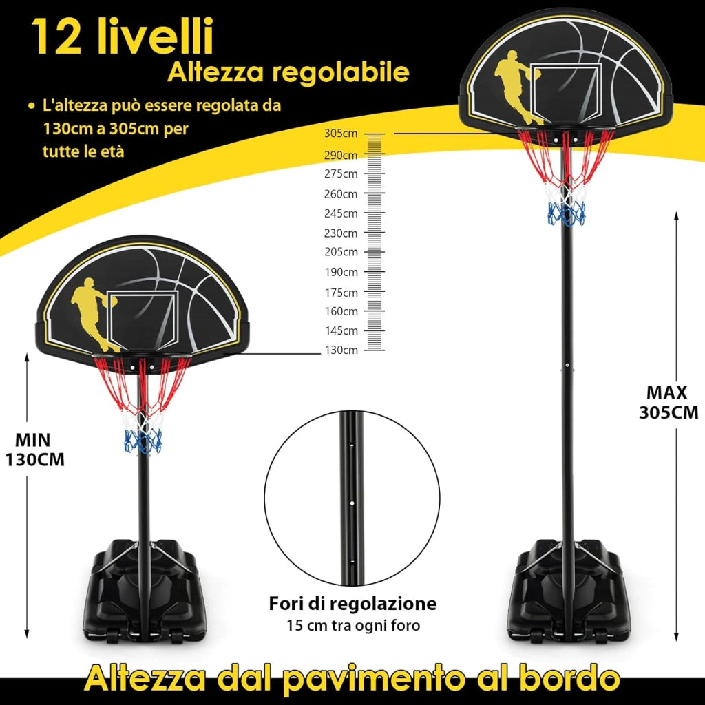 Canestro da Basket Portatile e Regolabile 130-305 cm con Ruote e Base Riempibile, Canestro da Basket Resistente alle Intemperie da Esterno ed Interno per Ragazzi e Adulti