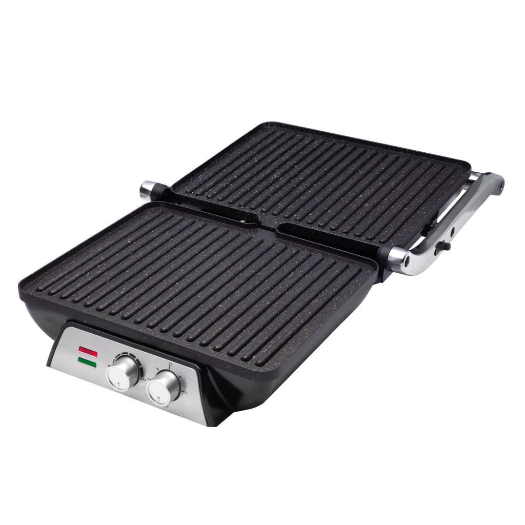 Piastra elettrica per panini e toast, 4 porzioni apertura 180°, piastre antiaderenti pietra 2000W, timer 30 minuti - SOGO