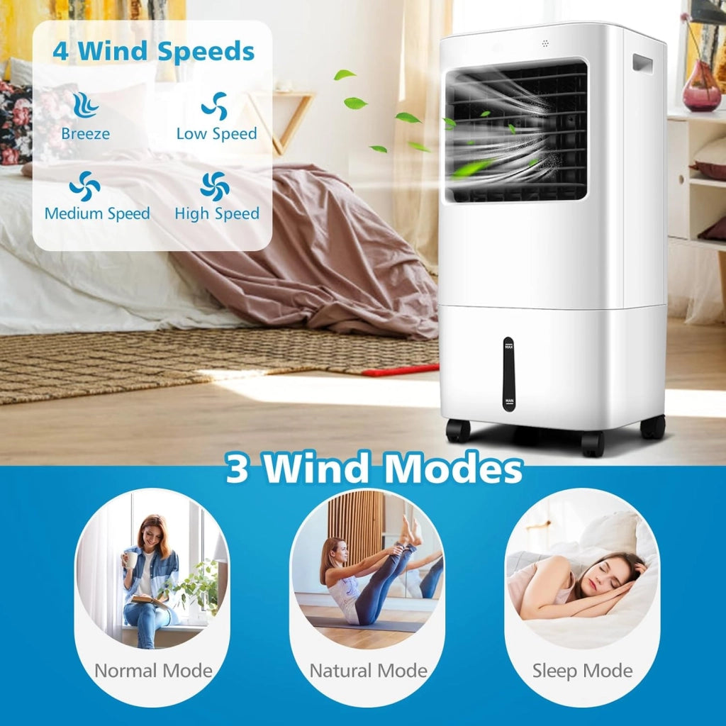 Ventilatore Condizionatore Portatile 65W, Raffreddatore d'Aria 3 in 1, Air Cooler & Ventilatore & Umidificatore, con Telecomando, 4 Velocità Regolabili, Timer 7,5H, Serbatoio d'Acqua 20L