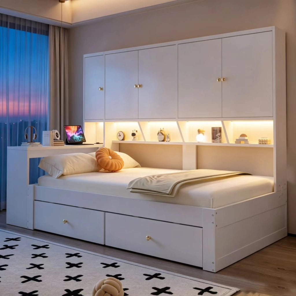 Letto singolo 90 × 200 cm con scrivania integrata armadi cassetti LED e prese elettriche bianco