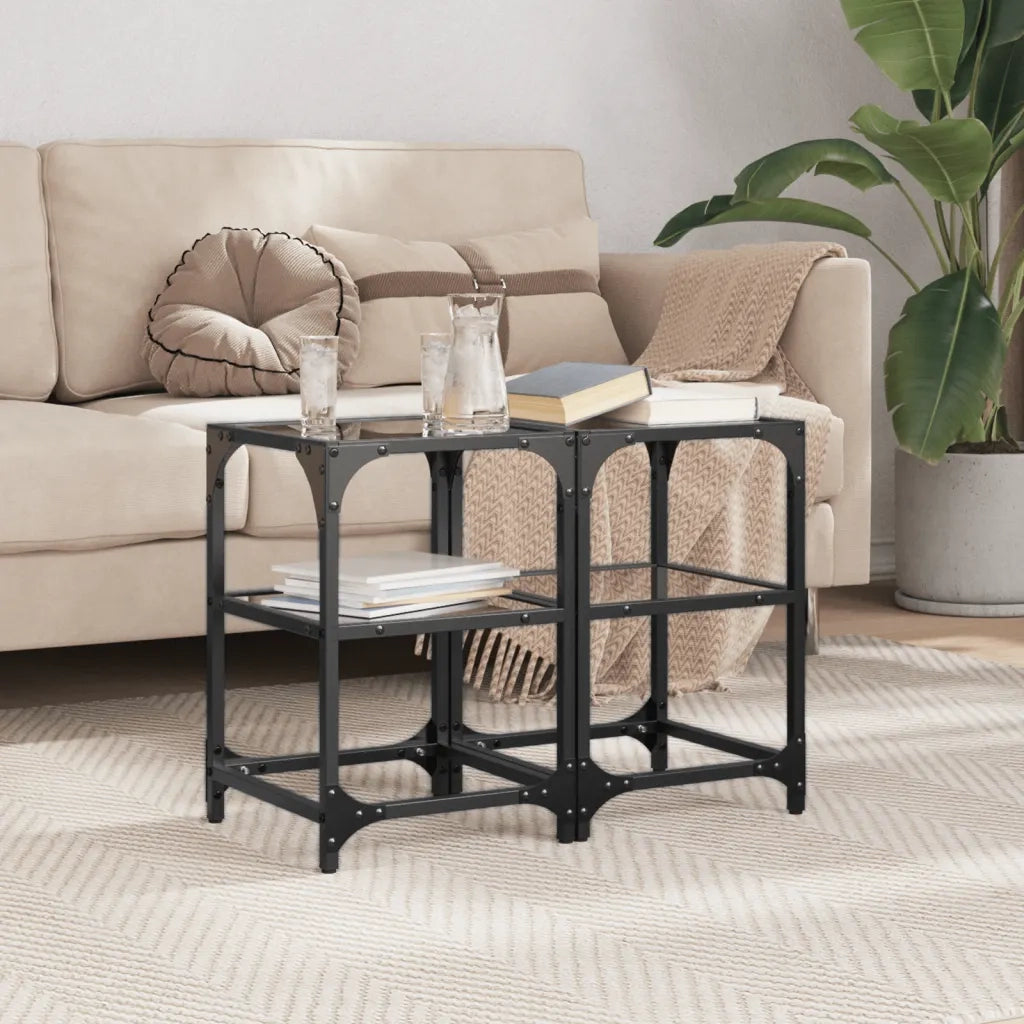 2 pz Tavolini da salotto | Tavolino da caff¨¨ | Tavolino da Soggiorno con Piano Vetro Nero 30x30x45cm Acciaio