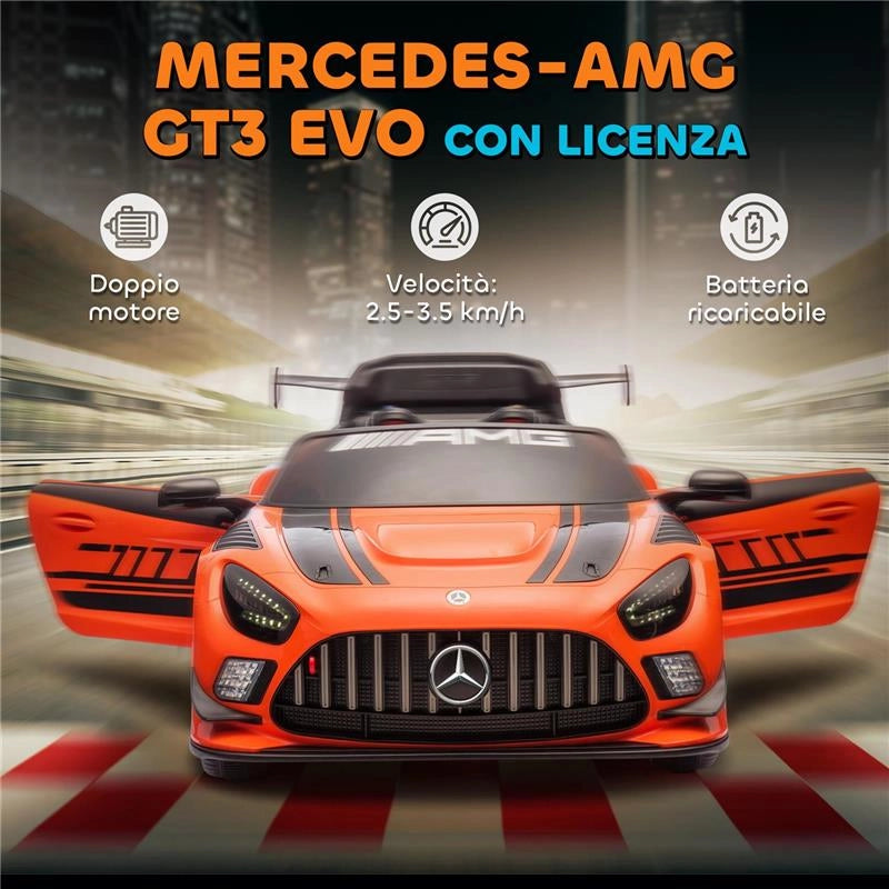 AUTO ELETTRICA BAMBINI 3-8 ANNI MERCEDES-AMG 12V CON TELECOMANDO, LUCI LED, ROTELLE DI TRASPORTO, ARANCIONE