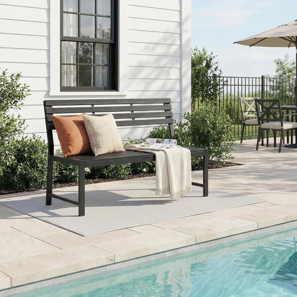 Panca da Giardino 115x55x85 cm, Panchina da Esterno con Schienale Senza Braccioli, 2-3 Posti, Struttura in Metallo, Resistente alle Intemperie, Portata 280 kg, per Cortile, Terrazza, Prato, Nero