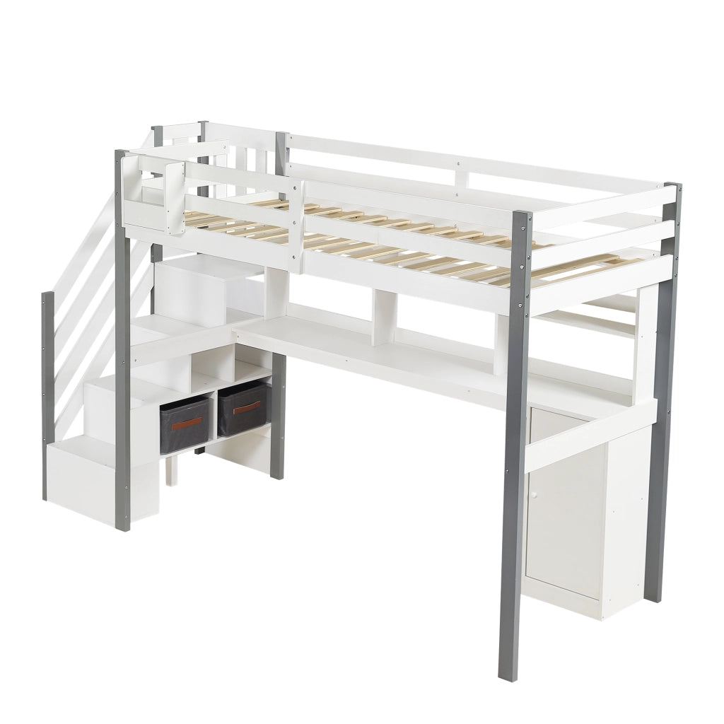 LETTO a soppalco con scrivania e scaffale, 90 x 200 cm, bianco/grigio