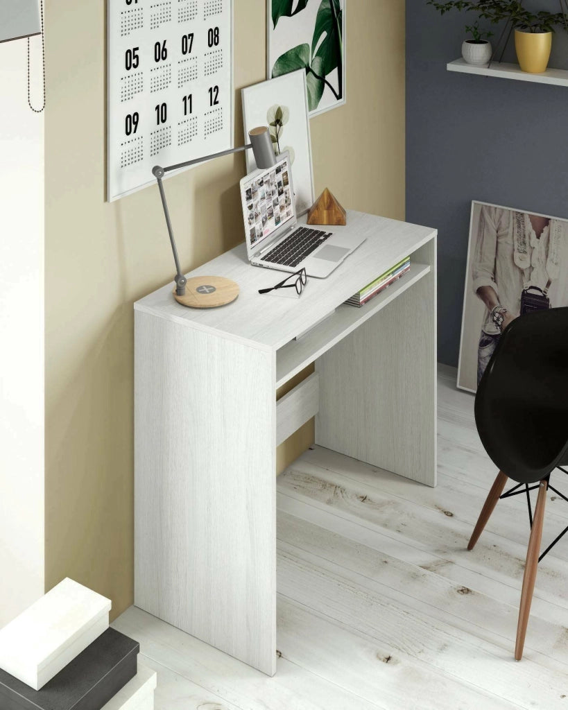 Scrivania Acu, Scrittoio lineare con ripiano fisso, Tavolo da studio o ufficio porta PC, cm 79x43h87, Bianco effetto legno